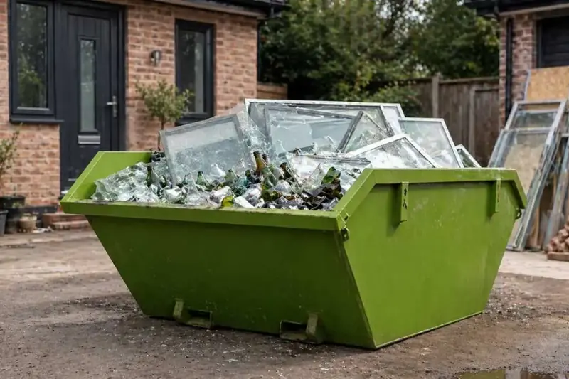 Skip loaded with glass and rubble, D J Recycling, West Sussex