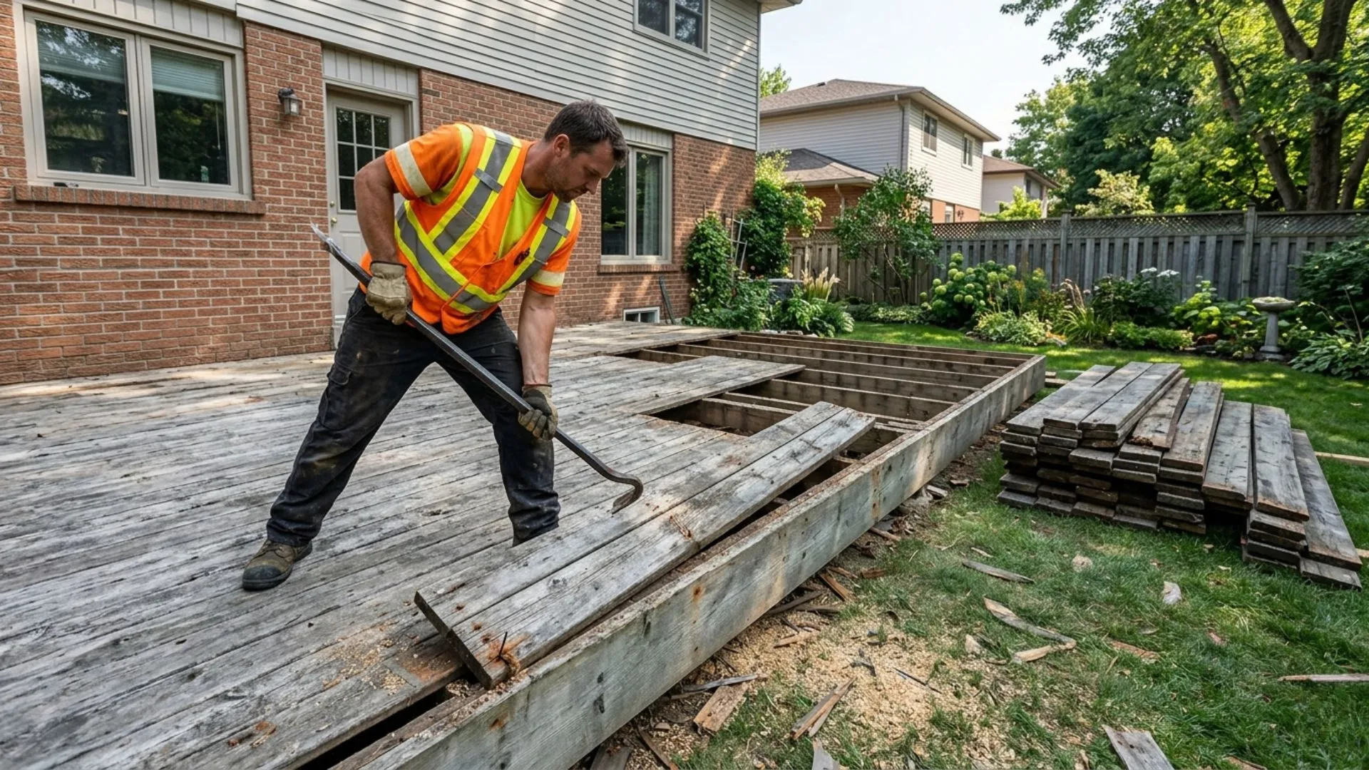 Workers performing professional fence and decking removal Southwick clearing worn decking boards