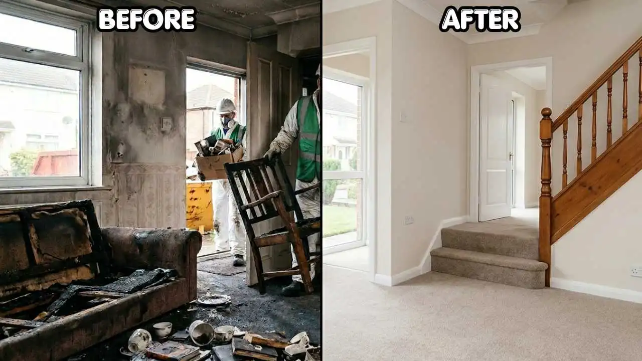 Before and after fire-damaged property clearance transformation