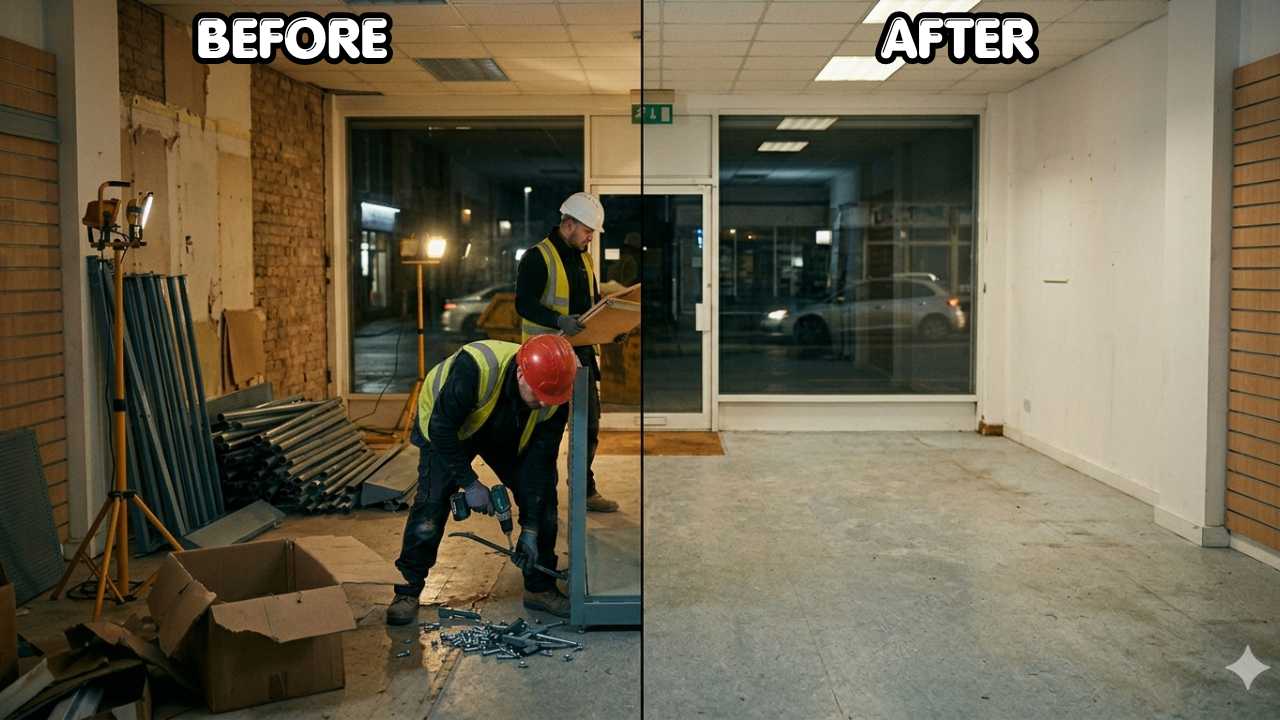 Before and after of Out of hours shop refit clearance