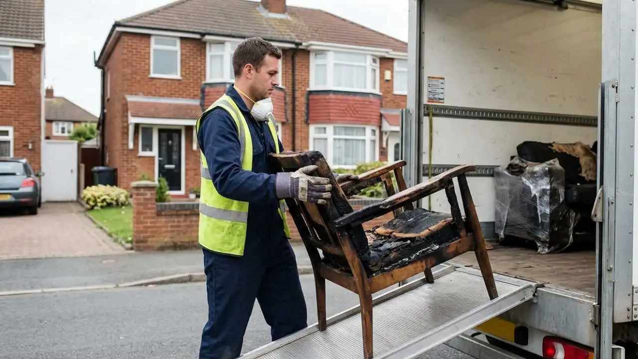 Fire-damaged property clearance team loading debris for removal