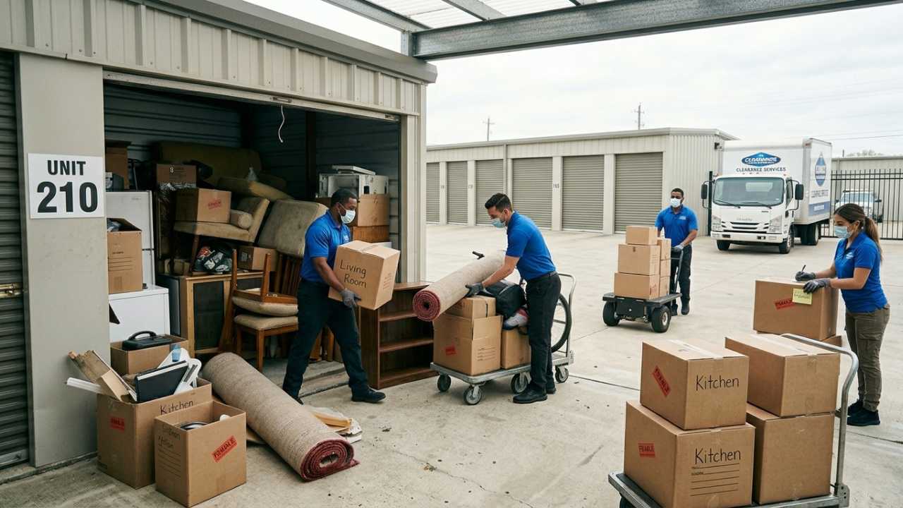 workers removing furniture during storage unit clearance